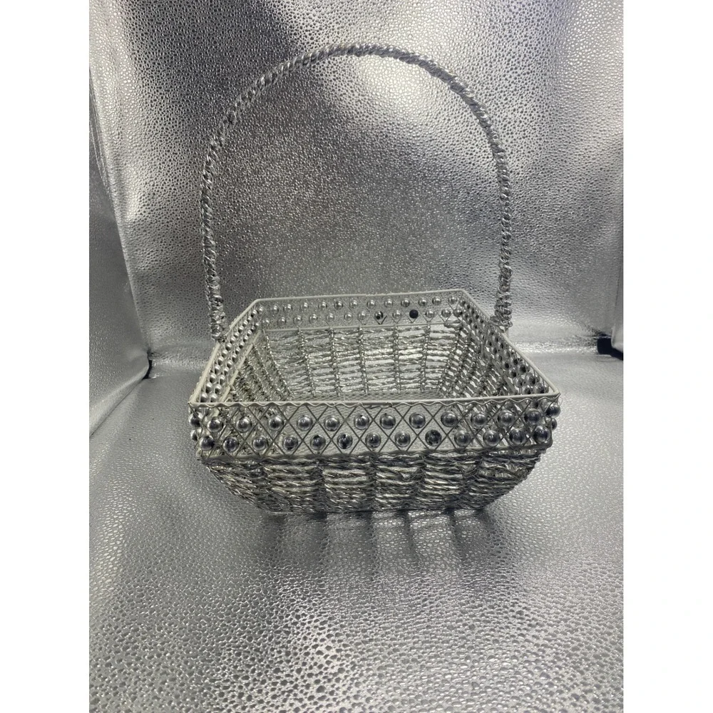 Silver Wire Decorative Basket Twisted Handle Beaded Trim Rectangular Metal Decor